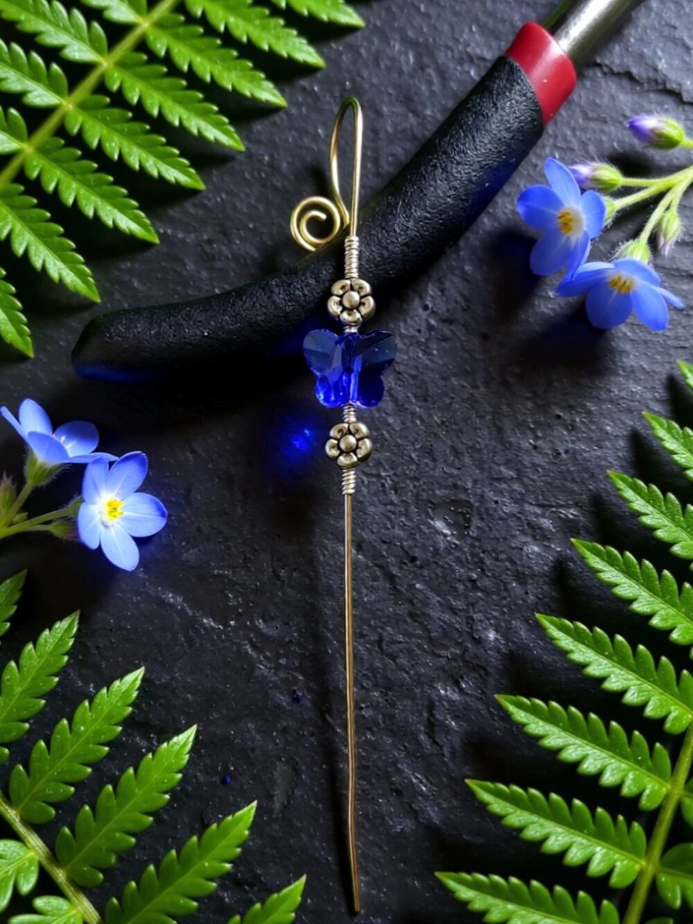 Romantic! Blue Butterfly ~ Helix Hook Needle Earring, Ear Needle, Ear Crawler